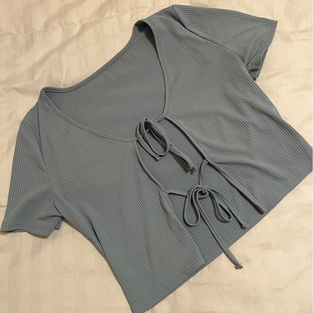 Front Tie Ribbed Baby Blue Top